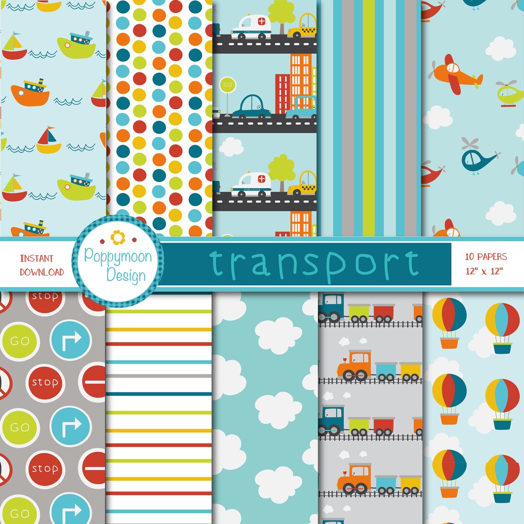 Transport , Vehicles, Cars, Boys, Patterns Printable Digital Paper Pack ...