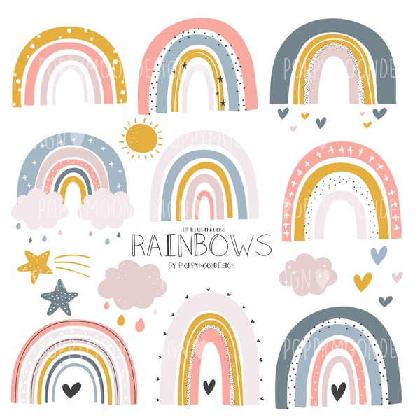 Rainbows, pastel, digital clip art set