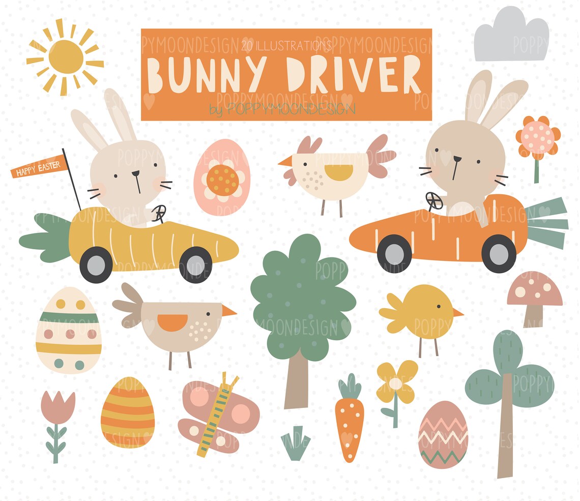 Bunny Driver, Easter Bunnies, Digital Printable Clipart - Etsy