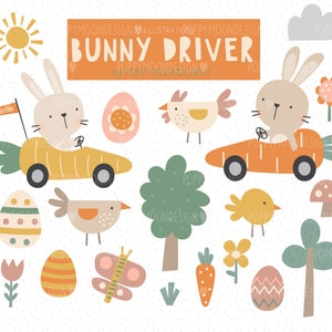 Bunny Driver, Easter bunnies, digital printable clipart