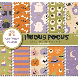 Pode incluir: Dez padrões digitais sem costura com temas de Halloween. Os padrões incluem fantasmas, abóboras, milho doce, olhos, chapéus de bruxa e muito mais. Os padrões estão em uma variedade de cores, incluindo laranja, roxo, verde e amarelo.