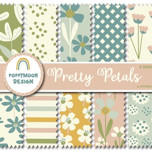 Pode incluir: Um pacote de papel digital com 10 padrões florais em tons de verde, azul, amarelo e rosa. Os padrões apresentam vários desenhos de flores, incluindo bolinhas, listras e formas geométricas. O texto "Pretty Petals" é exibido em uma faixa rosa.