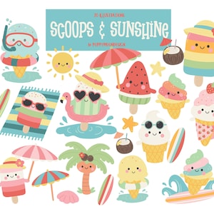 May include: A collection of 20 whimsical illustrations featuring ice cream cones, popsicles, and beach-themed elements. The artwork includes a smiling sun, surfboards, and a flamingo floatie, all in a bright, cheerful color palette. Text reads "SCOOPS & SUNSHINE".