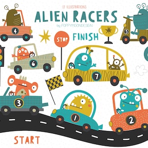 Alien Racers, outer space, aliens, printable digital clipart set