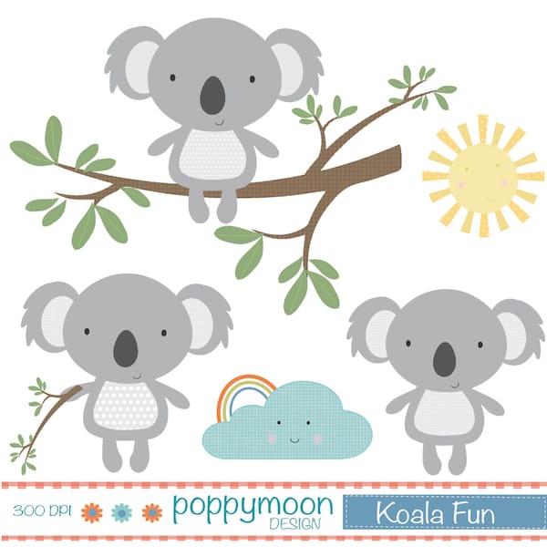 Koalas having fun, printable digital clipart set