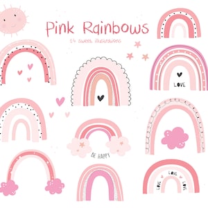 Pink Rainbows, pastel, digital clip art set