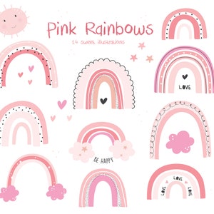 Pink Rainbows, pastel, digital clip art set