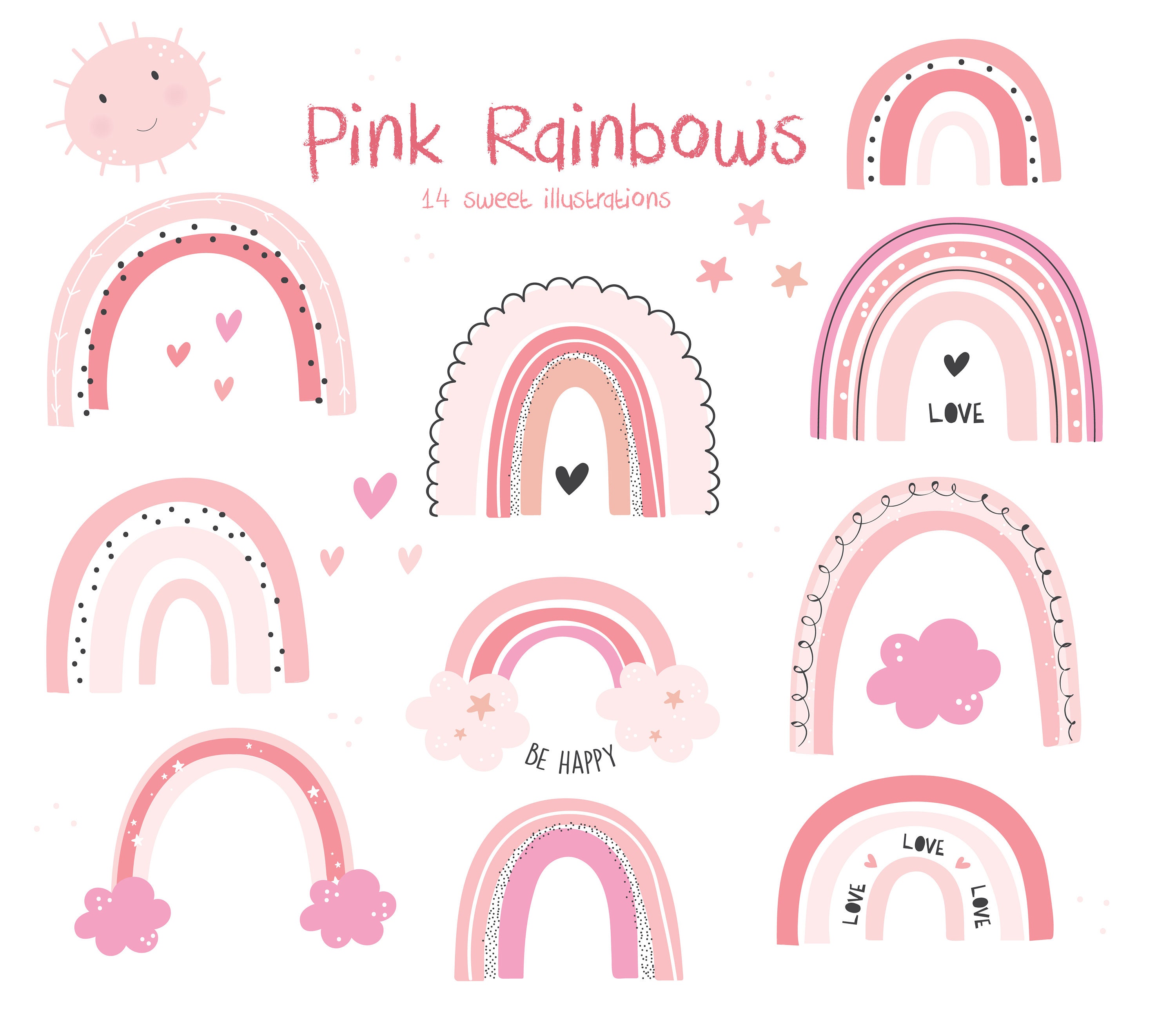 Pink Rainbows, pastel, digital clip art set