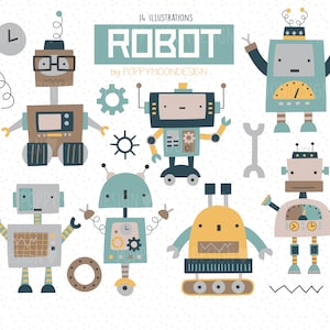 May include: A set of 14 illustrations featuring cute robots in various colors and designs. The robots have different shapes, sizes, and features, including wheels, antennas, and gears. The illustrations are perfect for adding a fun and whimsical touch to any project.