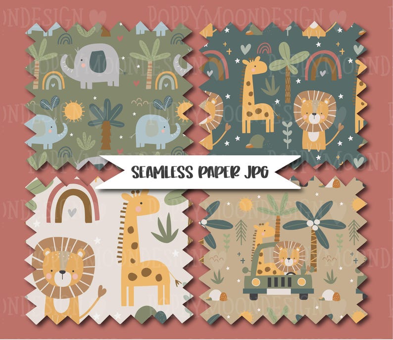 Safari Tales Seamless Digital Paper Pack, Cute Jungle Animal Patterns ...