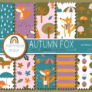 Autumn fox, fall, printable seamless digital paper pack