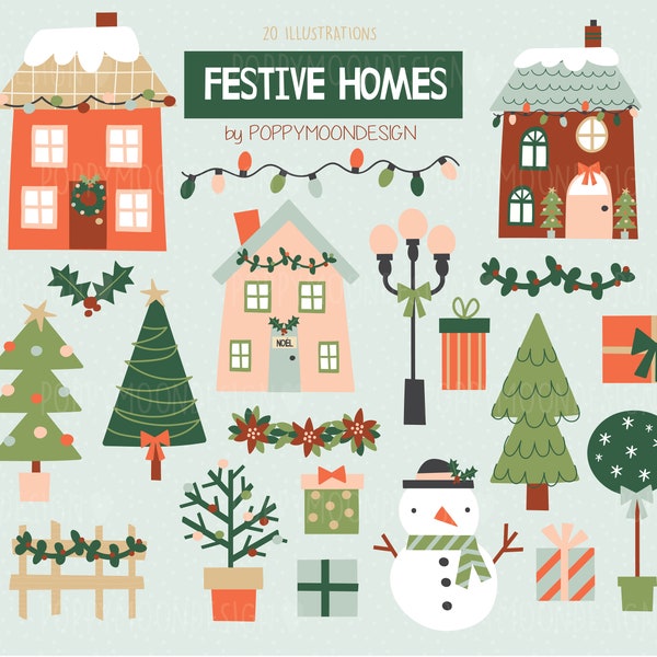 Festive Homes, Holiday, Christmas, digital printable clipart