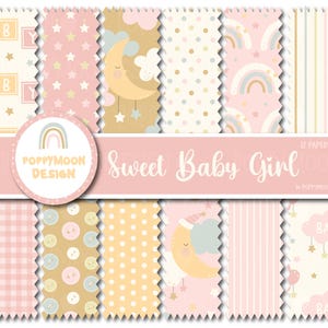 Op de afbeelding: Een set van 12 digitale papieren met verschillende schattige babymeisjespatronen in roze, geel en wit. De patronen omvatten sterren, regenbogen, wolken, manen en knopen.