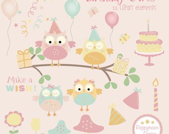 Birthday owls-girls , garden, digital clip art set