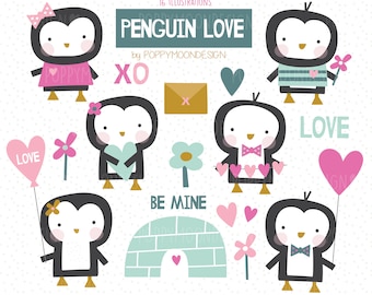 May include: A set of 16 illustrations featuring cute penguins in various poses, including holding hearts, flowers, and balloons. The illustrations are perfect for Valentine's Day or any occasion where you want to express love. The text "Penguin Love" is featured in the image.