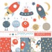 Outer space,red, blue and mustard, printable digital clipart and paper pack.