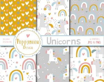 Unicorns, Rainbows, printable digital paper pack