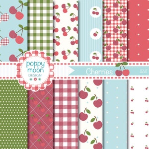 Cherry digital paper pack,cherries,gingham,stripe and polka dots, blue, green and red backgrounds.