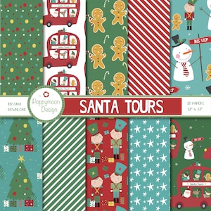 Santa tours, red bus, santa, colourful, winter, printable digital paper pack, commercial and personal use.