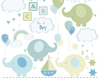 Baby jongen, nieuwe baby, olifanten groen en blues, digitale clip art set