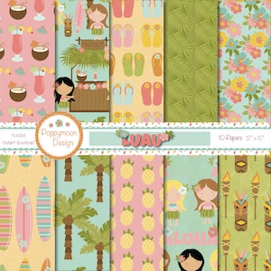 Peut inclure: Un ensemble de 10 papiers numériques sur le thème du luau. Les papiers comprennent des motifs d'ananas, de palmiers, de planches de surf, de tongs, de fleurs et de torches tiki. Les papiers mesurent 30,5 cm sur 30,5 cm.