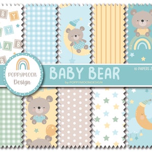 Sweet Nursery Digital Paper Pack featuring Baby Bear, Rainbows, and Clouds for Baby Boy, digital paper pack