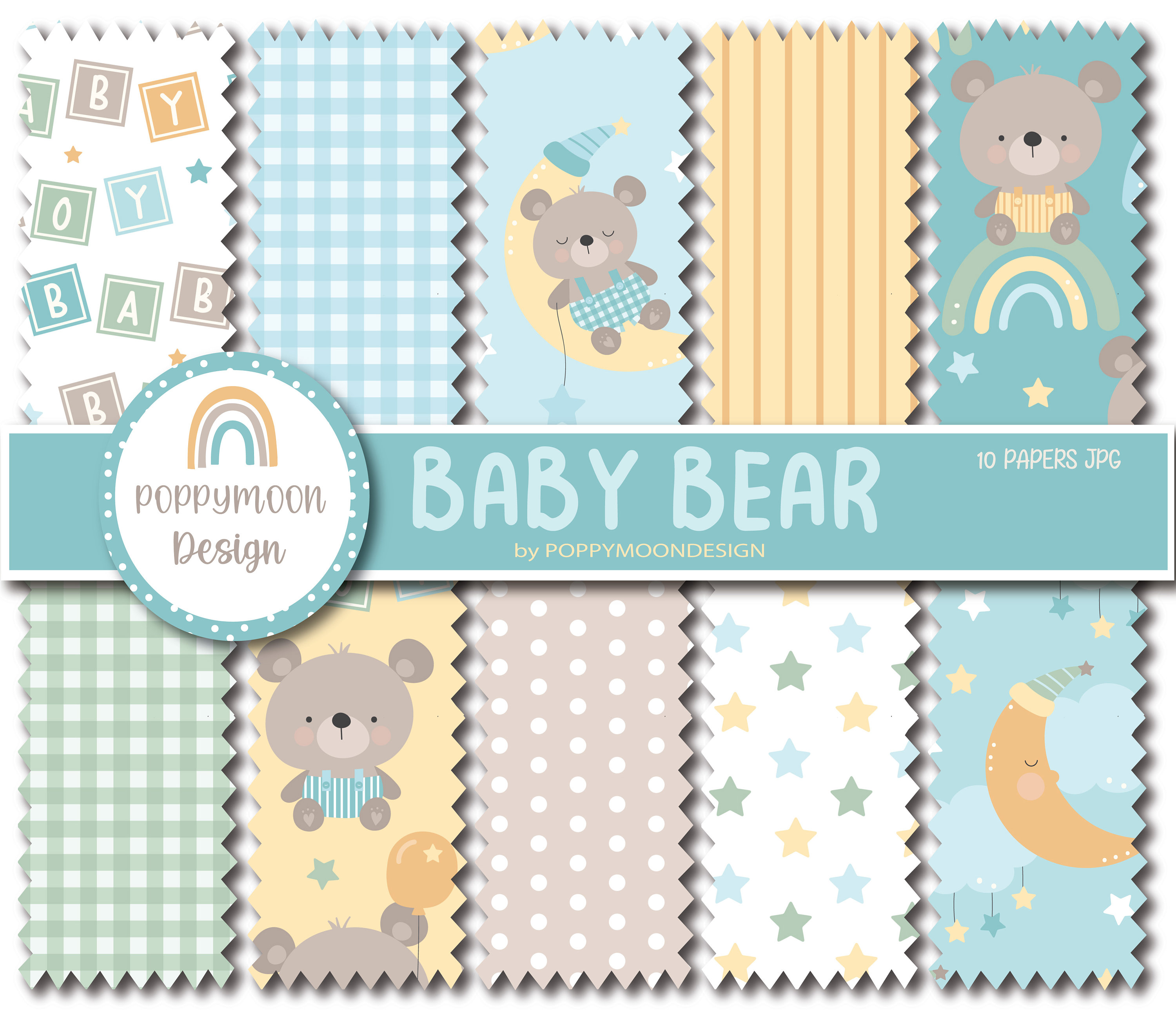 Paper Baby Kit Sweet Nursery Digital Paper Pack Featuring Baby Bear, Rainbows, and ...