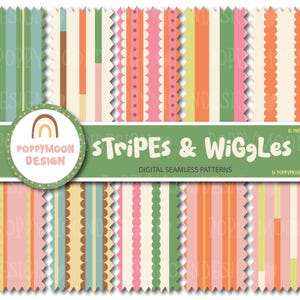 May include: A collection of digital seamless patterns featuring colorful stripes and wavy designs. The patterns include various color combinations such as pink, green, orange, and beige. The text "Stripes & Wiggles" is displayed on a green banner.