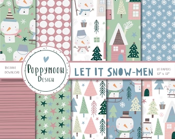 May include: Set of 10 digital paper designs featuring a winter theme with snowmen, snowflakes, trees, and houses. The papers are in various colors, including pink, blue, green, and white. The papers are 12 inches by 12 inches.