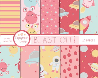 BLAST OFF!,space,rockets, astronauts, planets,girls , printable digital paper pack.