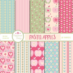 Puede incluir: Un conjunto de 10 papeles digitales con patrones de manzanas y corazones en colores pastel. Los papeles son perfectos para scrapbooking, creación de tarjetas y otros proyectos de manualidades. El texto "PASTEL APPLES" se muestra en la imagen.