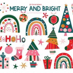 Merry and Bright festive illustrations, printable digital clipart set