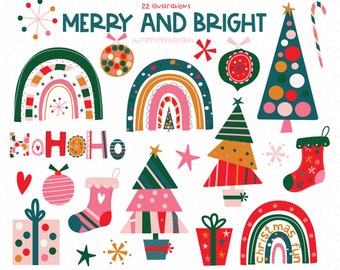 Merry and Bright festive illustrations, printable digital clipart set