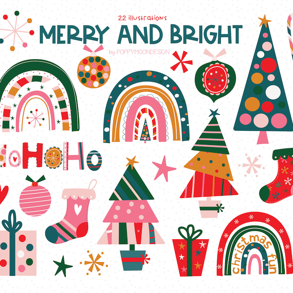 Merry and Bright festive illustrations, printable digital clipart set