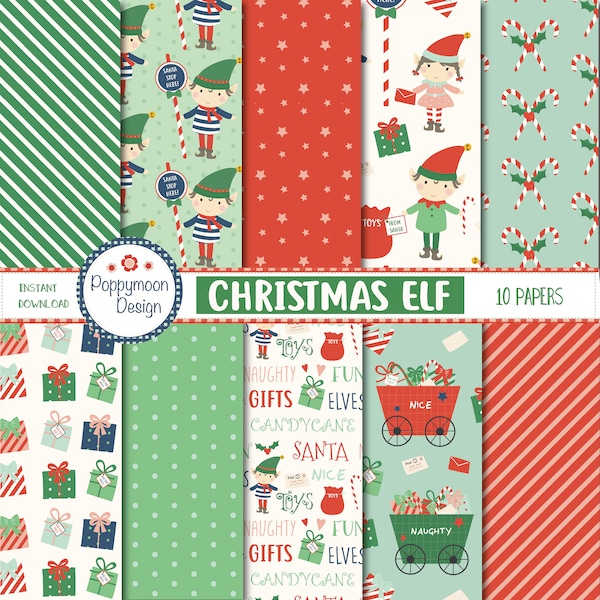Christmas elf,  printable digital paper pack