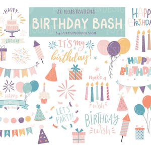 Ensemble de cliparts pour fête d'anniversaire - éléments de fête colorés, bougies, cadeaux, ballons