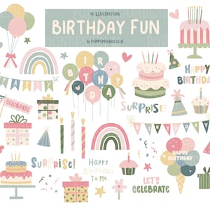 Graphismes numériques de célébration d'anniversaire : ballons, cadeaux, gâteaux, arcs-en-ciel