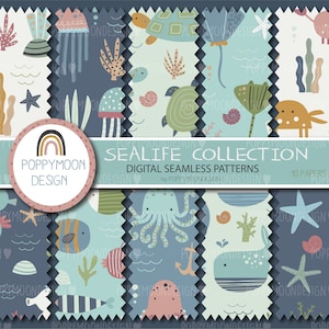 May include: A set of 10 digital seamless patterns featuring a variety of sea creatures, including jellyfish, seahorses, turtles, whales, and starfish. The patterns are in a blue, green, and yellow colour scheme and are perfect for use in scrapbooking, card making, and other craft projects.