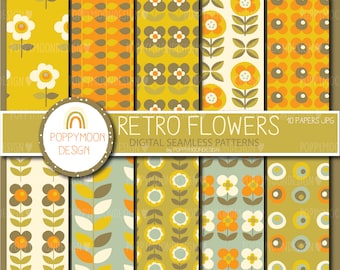 Retro flowers, vintage floral, printable seamless digital paper pack