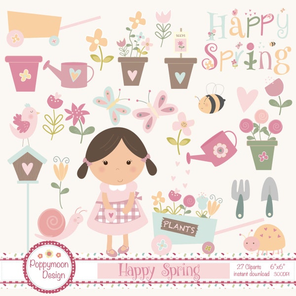 Glücklicher Frühling, Frühling Garten, digitale ClipArt-Set