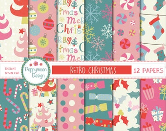 Retro christmas, printable digital paper pack