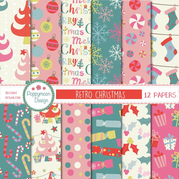 Retro christmas, printable digital paper pack