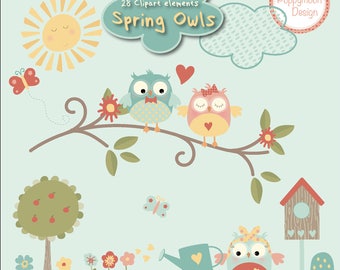 Spring owls , garden, digital clip art set