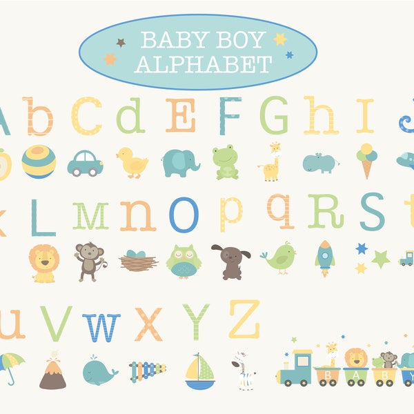 Baby Boy Alphabet,baby shower, new baby, digital clip art set