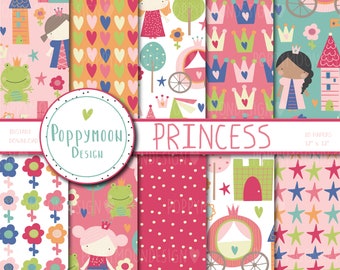 Puede incluir: Un conjunto de 10 papeles digitales con patrones de temática de princesas. Los patrones incluyen coronas, estrellas, corazones, carruajes, castillos y princesas. Los papeles miden 30,5 cm por 30,5 cm.
