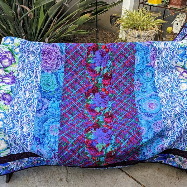 Kaffe Fassett Blue and Purple Quilt, Quilts for Sale, Handmade Quilt, Large Lap / Throw Quilt,  Approx. 68"X57" Ready to Ship Free Shipping