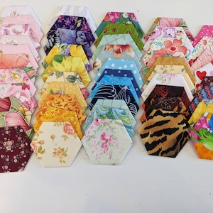 EPP Hexagons,  2 Inch Assorted colors and prints, English paper pieced hexagons. 50  2 inch hand stitched hexagons. Ready to ship.