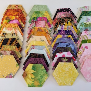 EPP Hexagons,  2 Inch Assorted colors and prints, English paper pieced hexagons. 50  2 inch hand stitched hexagons. Ready to ship.