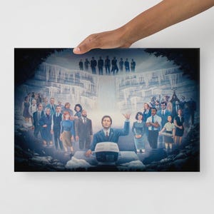 Puede incluir: Una pintura que representa a un grupo de personas de pie frente a una cascada, con un hombre con traje sentado frente a una computadora. Las personas están vestidas con ropa variada, y la escena está ambientada en un paisaje nevado.