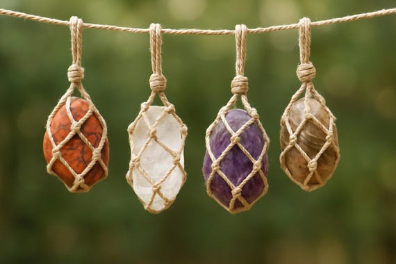 Intention Pendant | Natural Crystal Gemstone Necklace in Knot-Magick Infused Macrame | Spelled Charm | Talisman